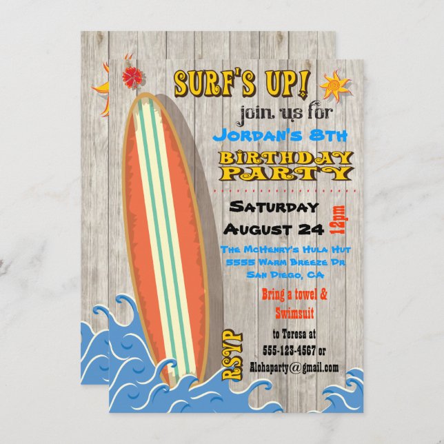 Invitaciones a la fiesta de cumpleaños del surf (Anverso / Reverso)