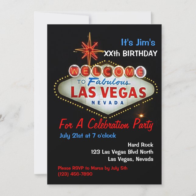 Invitaciones a la fiesta de cumpleaños Las Vegas (Anverso)
