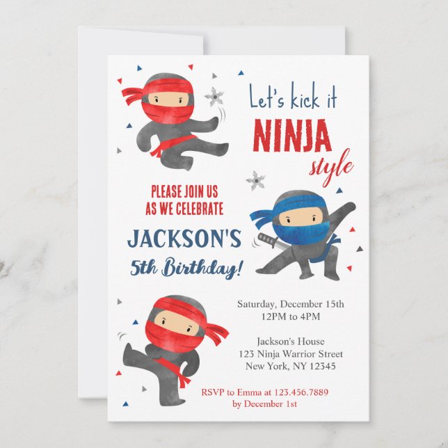 Invitaciones a la fiesta de cumpleaños Ninja Karat (Anverso)