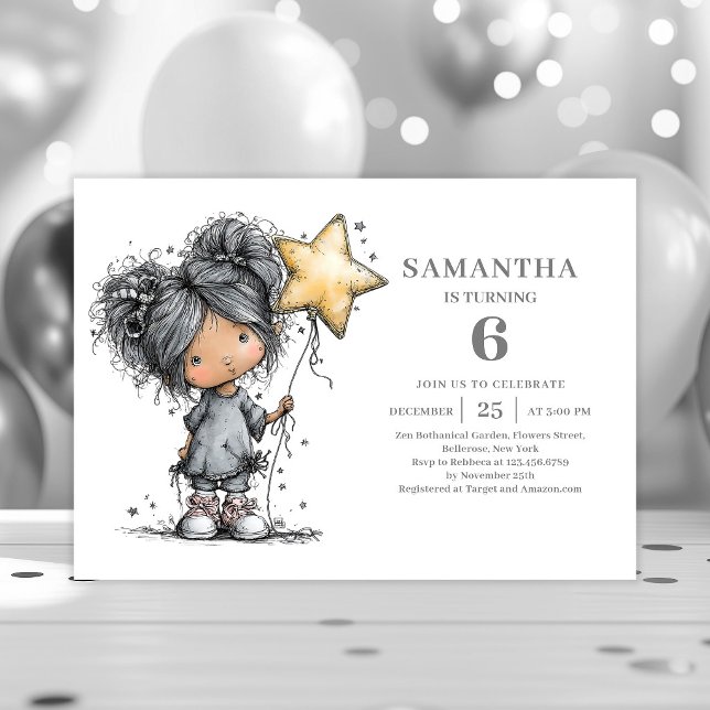 Invitaciones a la fiesta de cumpleaños número 5 de (Whimsy Girl 5th Birthday Black Gold Party invitation)