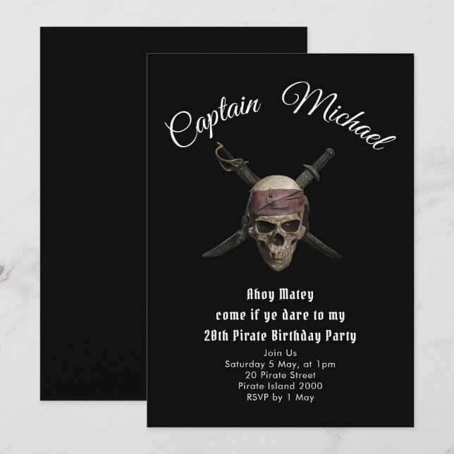 Invitaciones a la fiesta de cumpleaños pirata de J (Anverso / Reverso)