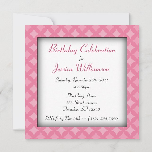 Invitaciones a la fiesta de cumpleaños rosado de R (Anverso)