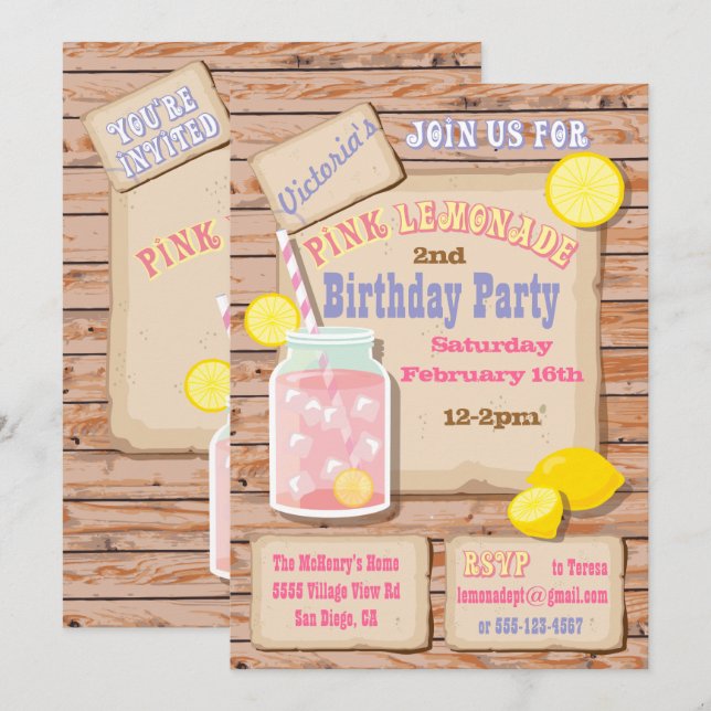 Invitaciones a la fiesta de cumpleaños Rustic Pink (Anverso / Reverso)