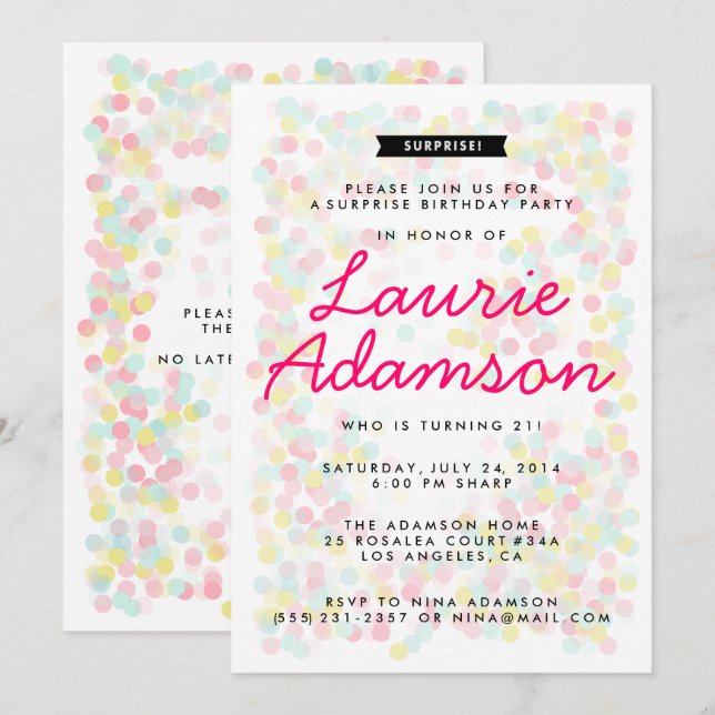 Invitaciones a la fiesta de cumpleaños sorpresa de (Anverso / Reverso)