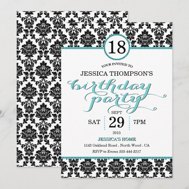 Invitaciones a la fiesta de cumpleaños Turquoise D (Anverso / Reverso)