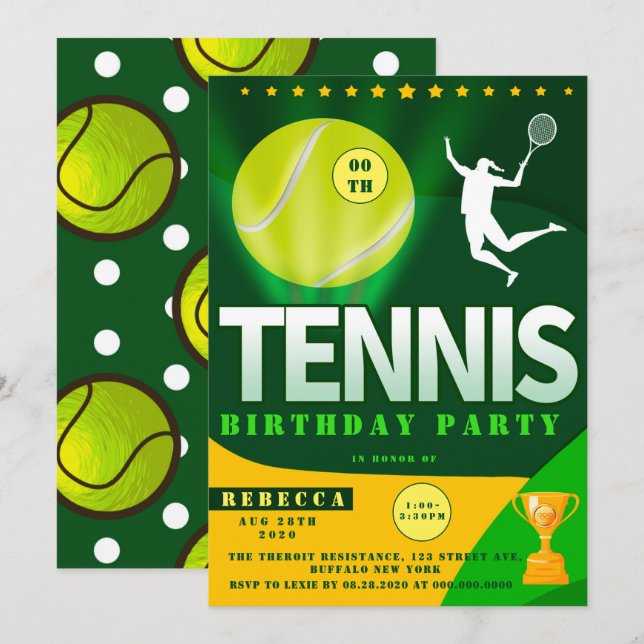 Invitaciones a la fiesta de cumpleaños verde y ama (Anverso / Reverso)
