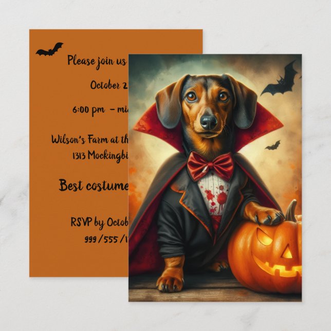 Invitaciones a la fiesta de Dachshund Dracula Hall (Anverso / Reverso)