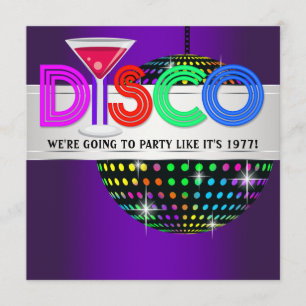 Invitaciones a la fiesta de disco de cóctel púrpur