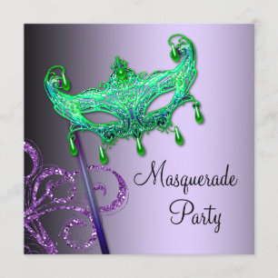 Invitaciones a la fiesta de disfraz verde púrpura