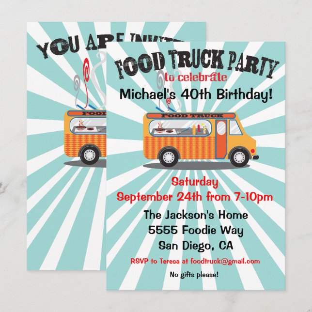 Invitaciones a la fiesta de Food Truck (Anverso / Reverso)