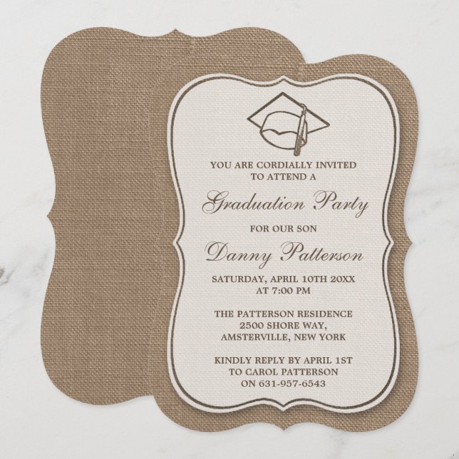 Invitaciones a la fiesta de graduación de Burlap R (Anverso / Reverso)