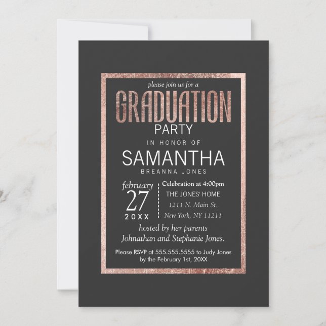Invitaciones a la fiesta de graduación de oro Rosa (Anverso)