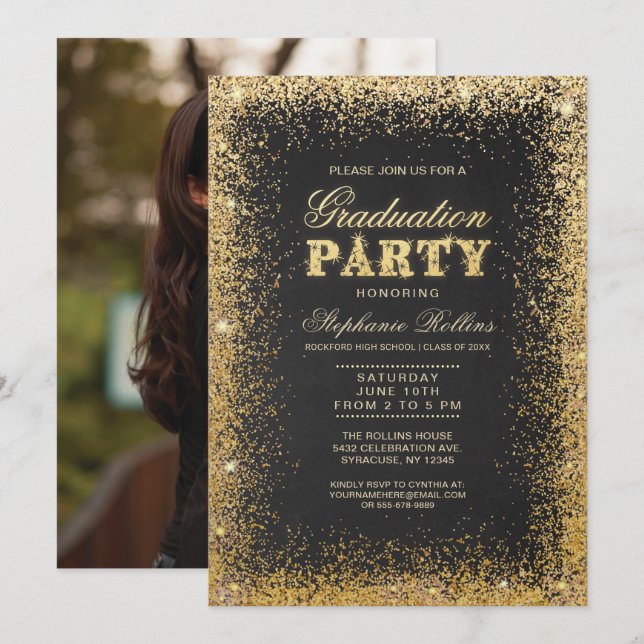 Invitaciones a la fiesta de graduación de oro y Pu (Anverso / Reverso)