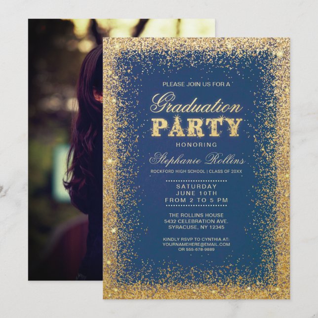 Invitaciones a la fiesta de graduación de oro y Pu (Anverso / Reverso)
