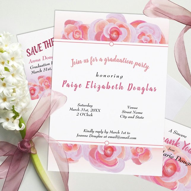 Invitaciones a la fiesta de graduación de rosa ros (dusty peach coral pink floral graduation party invitations for girl spring springtime)