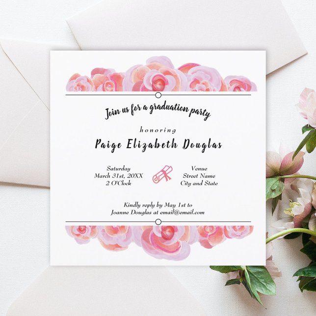 Invitaciones a la fiesta de graduación de Rosas de (peach black botanical roses graduation party invitation pink diploma pink graduate grad flowers )