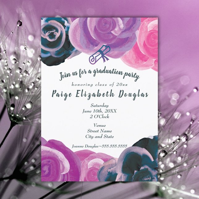 Invitaciones a la fiesta de graduación de rosas mo (purple pink floral graduation party invitation for girl)