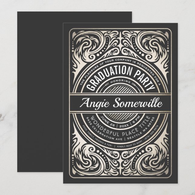 Invitaciones a la fiesta de graduación Gold & Blac (Anverso / Reverso)