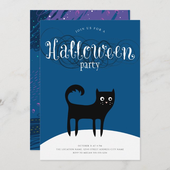 Invitaciones a la fiesta de Halloween de Gato Negr (Anverso / Reverso)