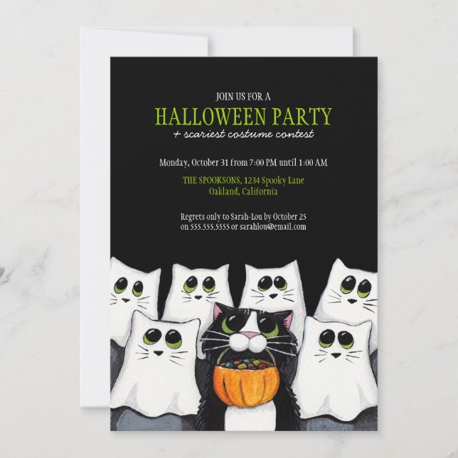 Invitaciones a la fiesta de Halloween de gatos tru (Anverso)