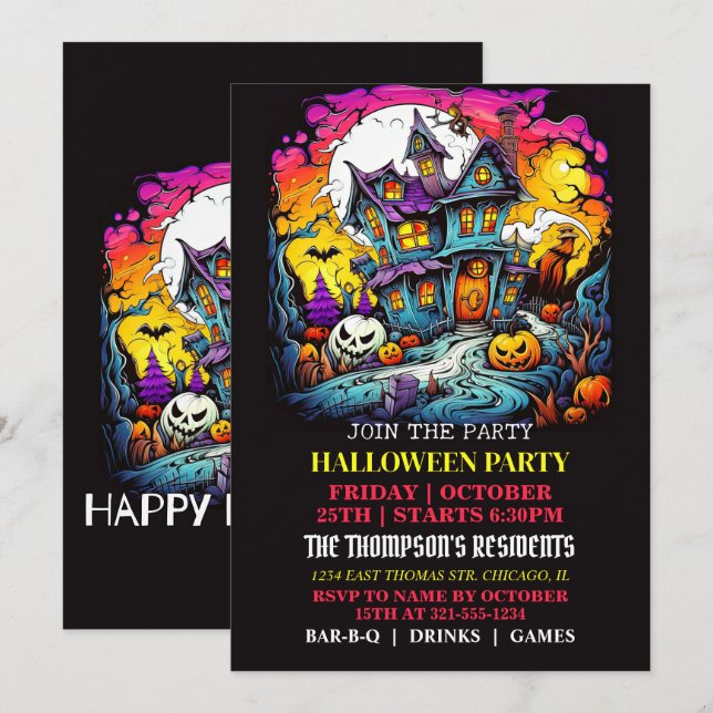 Invitaciones a la fiesta de Halloween de la casa e (Anverso / Reverso)