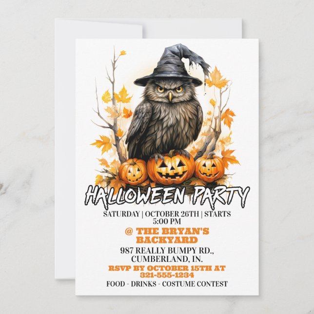 Invitaciones a la fiesta de Halloween de Witchy Ow (Anverso)