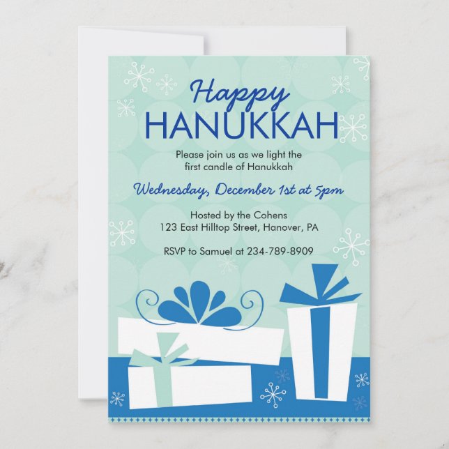 Invitaciones a la fiesta de Hanukkah con regalos (Anverso)