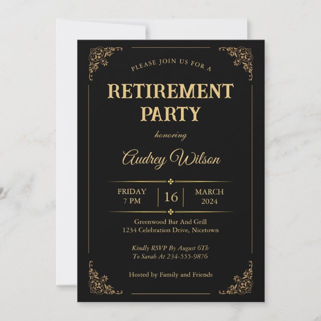 Invitaciones a la Fiesta de Jubilación Elegante Or (Anverso)
