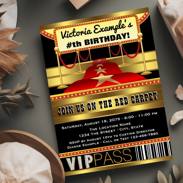 Invitaciones a la fiesta de la alfombra roja de Ho (Red carpet birthday party invitation. Red, black and gold red carpet invitations for any occasion.)
