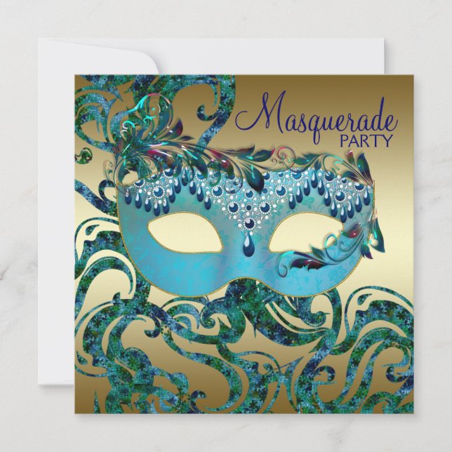 Invitaciones a la fiesta de la mascarada azul Verd (Anverso)