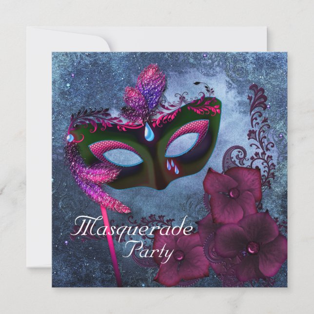 Invitaciones a la fiesta de la mascarada rosa mora (Anverso)