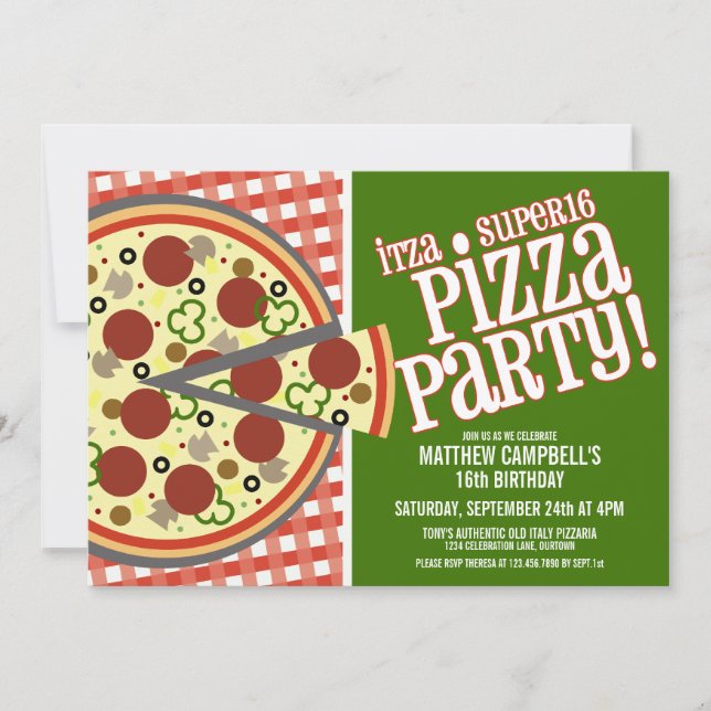Invitaciones a la fiesta de la pizza Super 16 (Anverso)