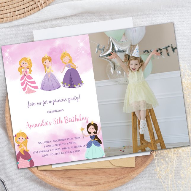 Invitaciones a la fiesta de la princesa del person (Pink Princesses Birthday Invitations with photo)