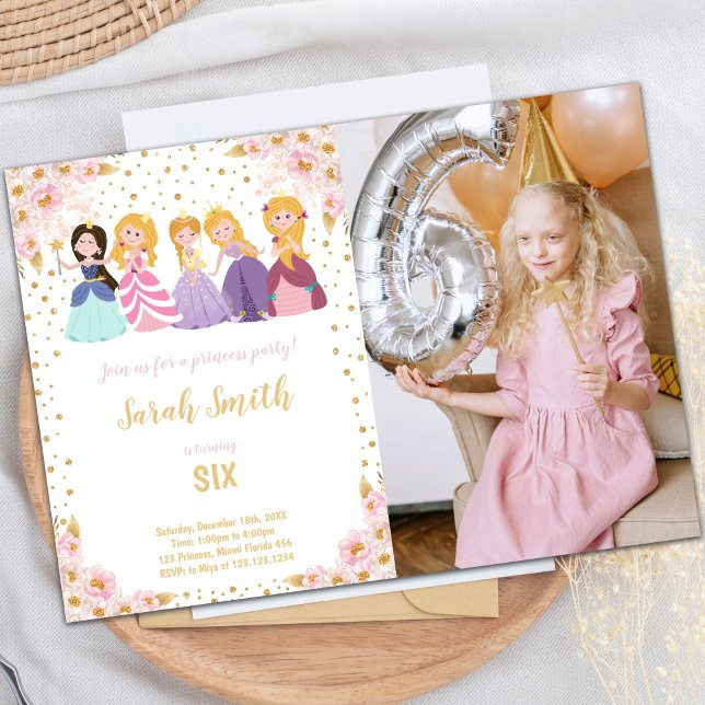 Invitaciones a la fiesta de la princesa del person (Pink Floral Glitter Princess Cards with photo)