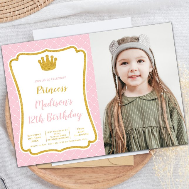 Invitaciones a la fiesta de la princesa del person (Pink Fram Crown Princess Cards with photo)