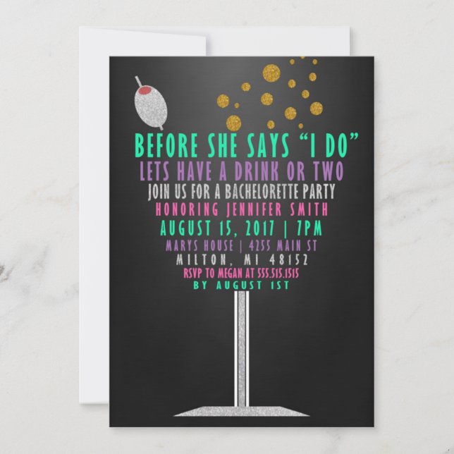 Invitaciones a la fiesta de la soltera - Purpurina (Anverso)