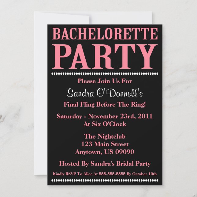 Invitaciones a la fiesta de la soltera (rosa/negra (Anverso)