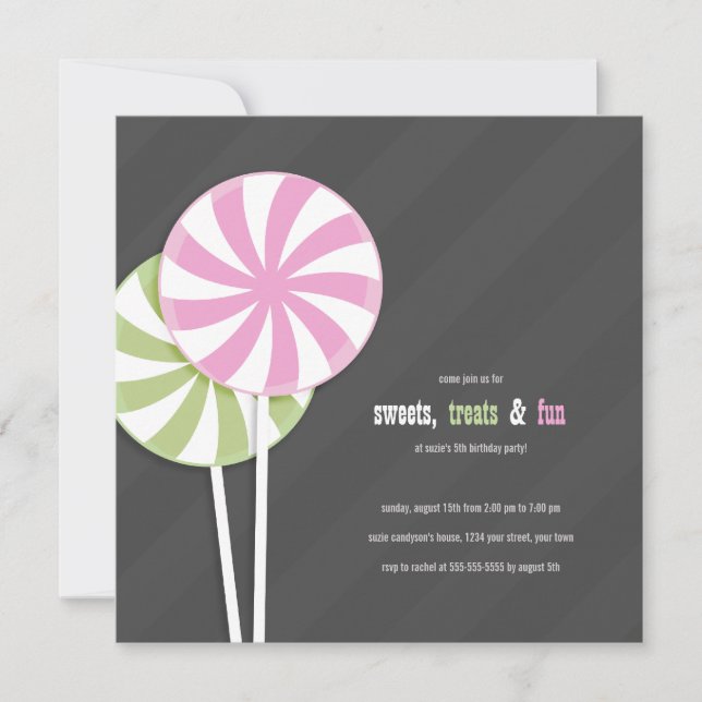 Invitaciones a la fiesta de Lollipops de Pink & Gr (Anverso)