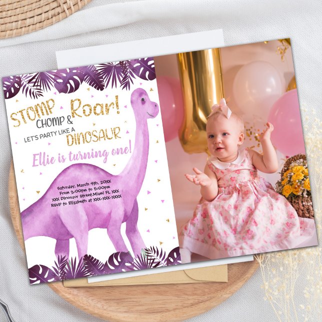 Invitaciones a la fiesta de los dinosaurios de per (Pink Glitter Dinosaur Birthday Invitations w photo)