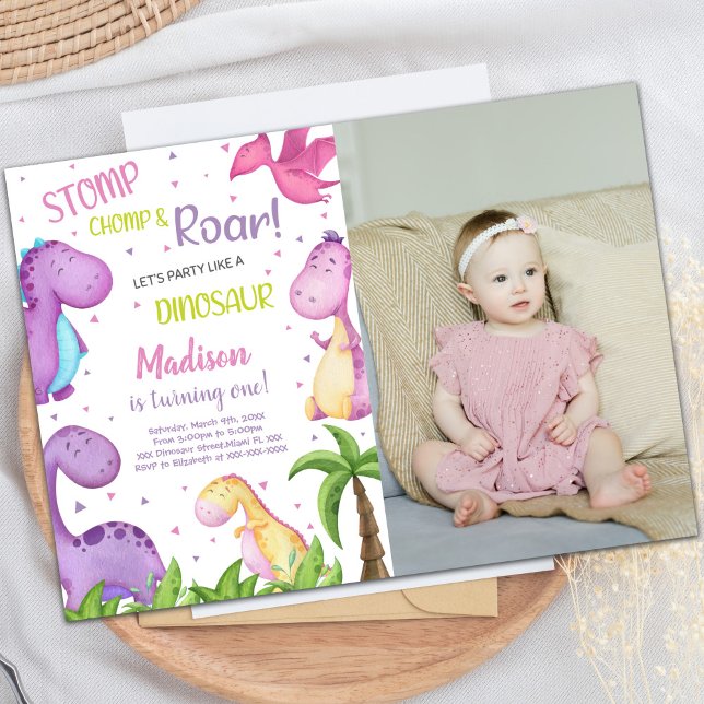 Invitaciones a la fiesta de los dinosaurios de per (Pink Purple Dinosaur Birthday Invitations w photo)
