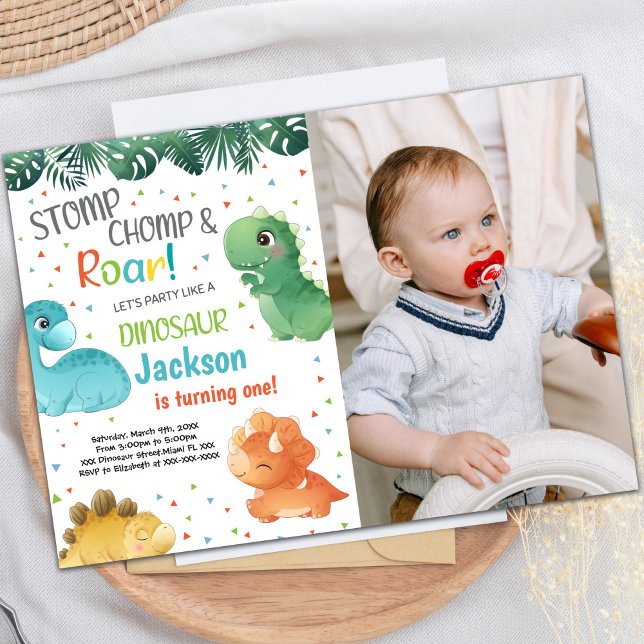 Invitaciones a la fiesta de los dinosaurios de per (Dinosaur Birthday Invitations with photo)