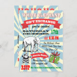 Invitaciones a la fiesta de los Navidades del Elef<br><div class="desc">Navidades Super Fun Gift Intercambio invitaciones de fiesta con el Viejo Santa Claus y el elefante clip art con excelentes gráficos y fuentes en un fondo de arrebato de sol hecho al estilo poster. El lado de los bots está decorado para su fiesta de Navidades de Elefantes Blancos, genial y...</div>