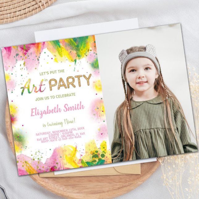 Invitaciones a la fiesta de los niños personalizab (Orange Pink Paint Birthday Invitations with photo)