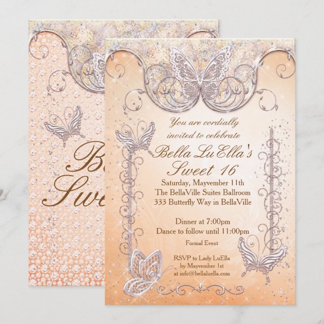 Invitaciones a la fiesta de mariposa de diamantes (Anverso / Reverso)