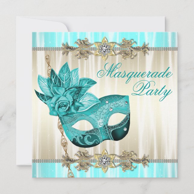 Invitaciones a la Fiesta de Máscaras Azul Turquesa (Anverso)