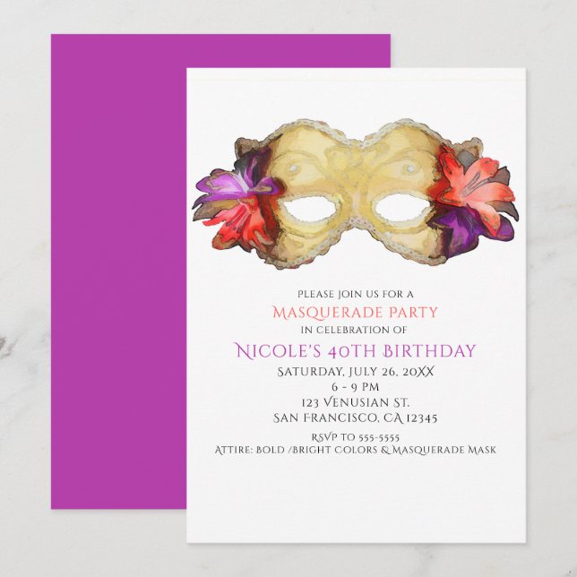 Invitaciones a la fiesta de máscaras florales trop (Anverso / Reverso)