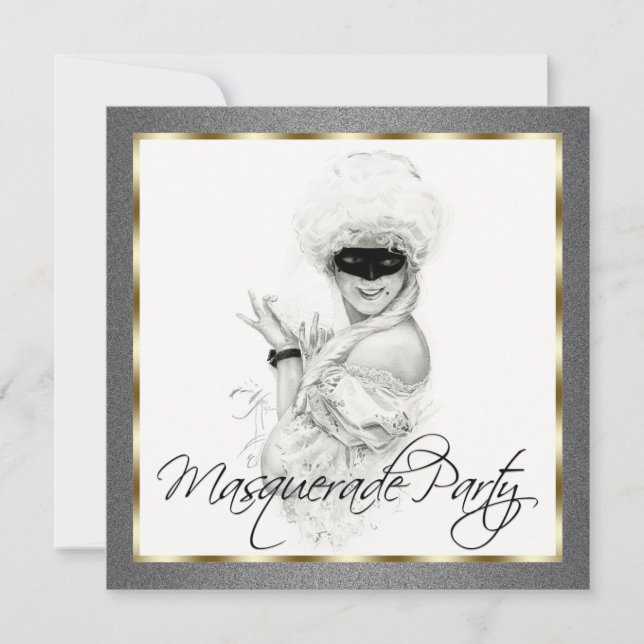 Invitaciones a la Fiesta de Máscaras Negra y Dorad (Anverso)