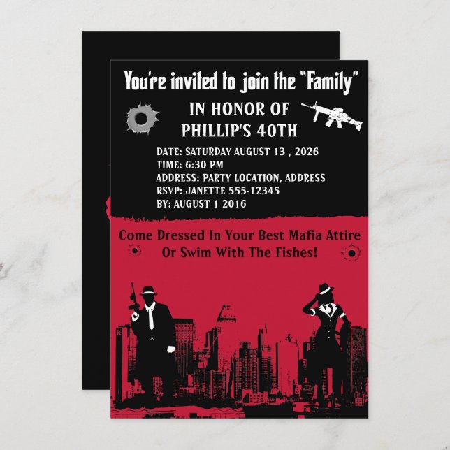 Invitaciones a la fiesta de Mobster (Anverso / Reverso)