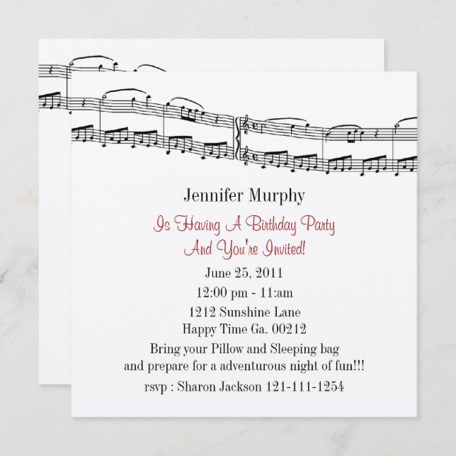 Invitaciones a la fiesta de Music Notes (Anverso / Reverso)