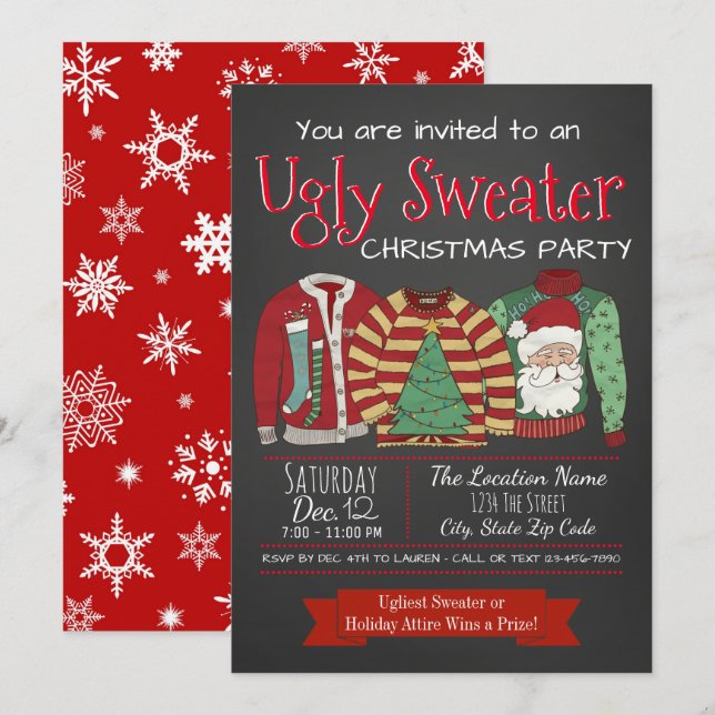 Invitaciones a la fiesta de Navidad con jersey feo (Anverso / Reverso)